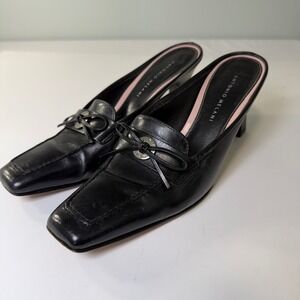 Antonio Melani Black Leather Square Toe Mule Loafer Heels Bow Detail Size 8.5M